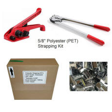 Pallet banding strapping kit complete with 5/8" embossed polyester strapping manual tools and metal seals